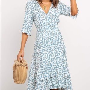 Blue and white floral Petal and Pup midi wrap dress
